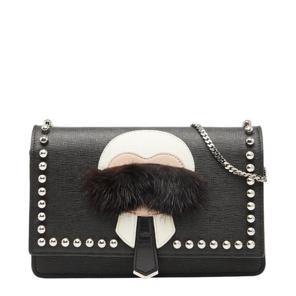Fendi Leather Karlito Studded Chain Shoulder Bag Black